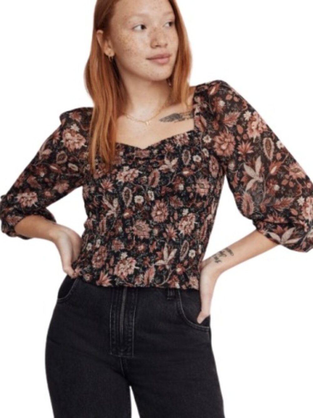 Madewell Womens Lucie Smocked Crop Top Black Pink Floral Metallic M
